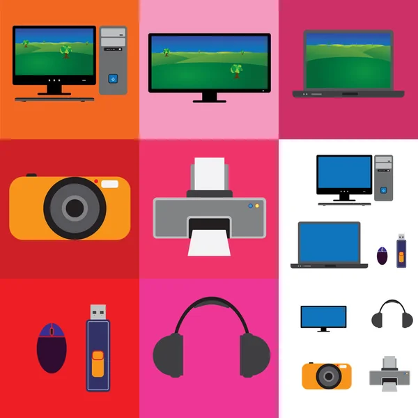 Electronic gadgets collage - television, computer set and camera — Stock Vector