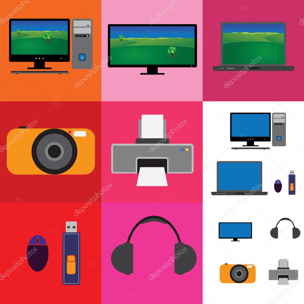 Electronic gadgets collage - television, computer set and camera