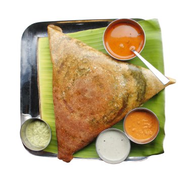 Masala dosa with different types of chutney and sambar clipart