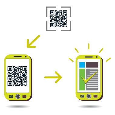 Cellphone scanning QR code and showing success clipart