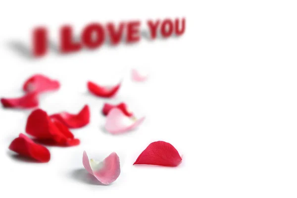 Rose petals with I love you phrase — Stock Photo, Image