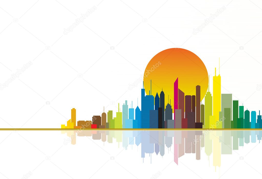 Colorful city silhouette illustration with bright sun