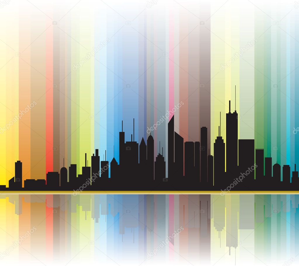 City silhouette showing bright colorful lines in the background