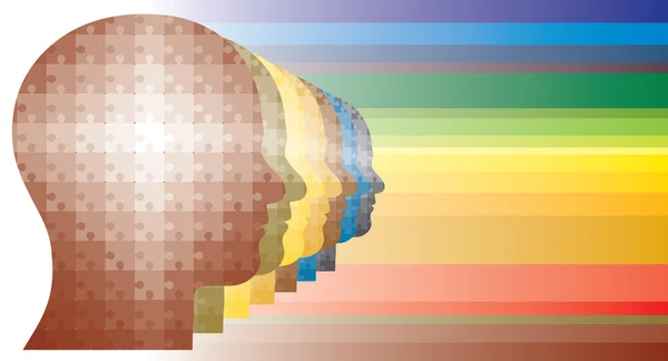 Coloridas cabezas de rompecabezas de los hombres en fila en colores del arco iris — Vector de stock