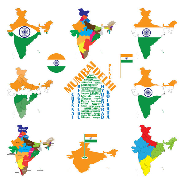 Карта Индии, индийские города, штаты и флаг Индии
