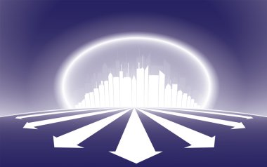Şehir skyscrapper siluet çizimi bir halo ışık ile