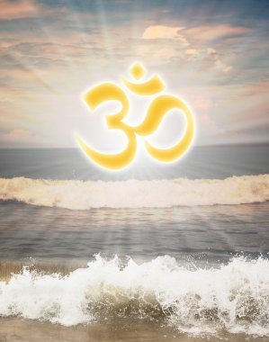 Hindu religious symbol om or aum against sun shine clipart