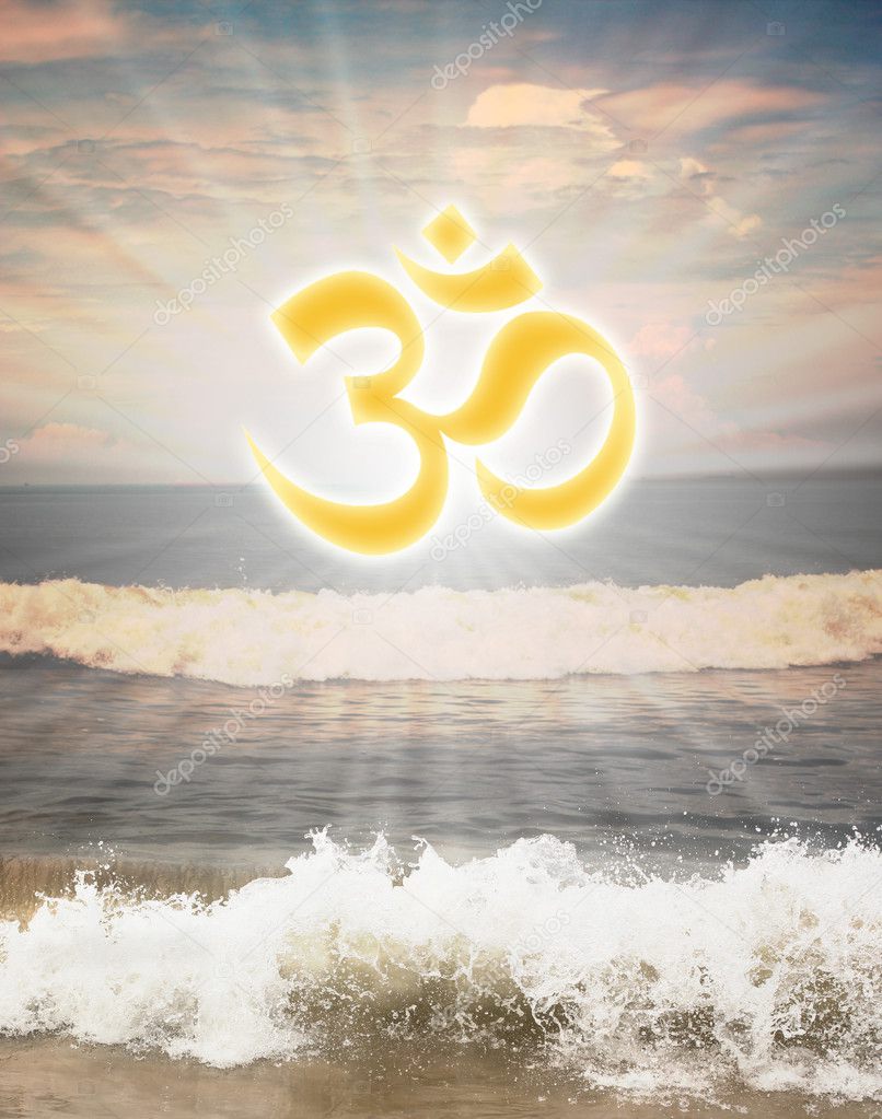 Hindu religious symbol om or aum against sun shine