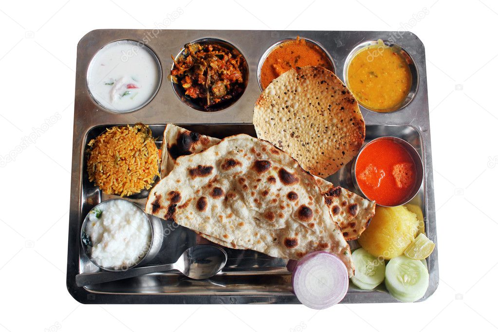 Traditional north indian plate meals or lunch with roti