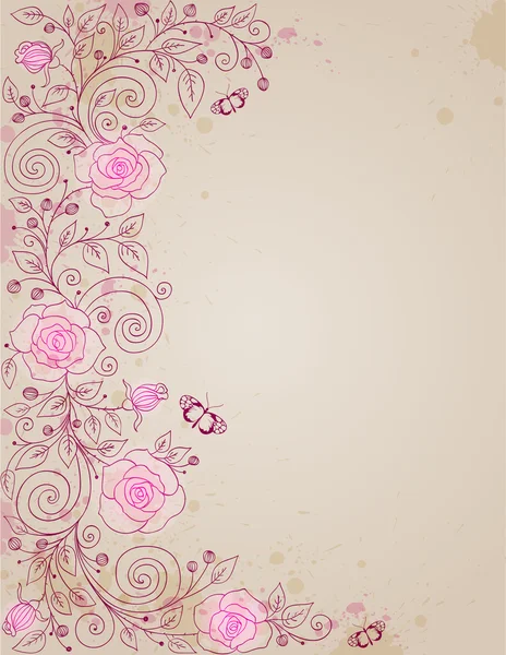 Fond floral avec rose et papillons — Image vectorielle