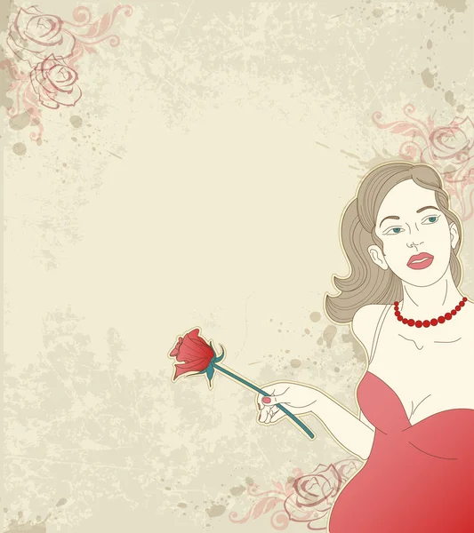 女孩与红玫瑰 — 图库矢量图片