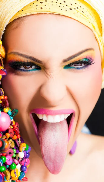 Mujer excitada lengua fuera —  Fotos de Stock