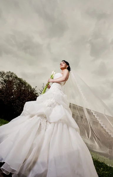 Beautiful bride standing outdoors — Stock Photo, Image