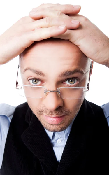Pop-eyed мan glasses hands on head — Stock Photo, Image