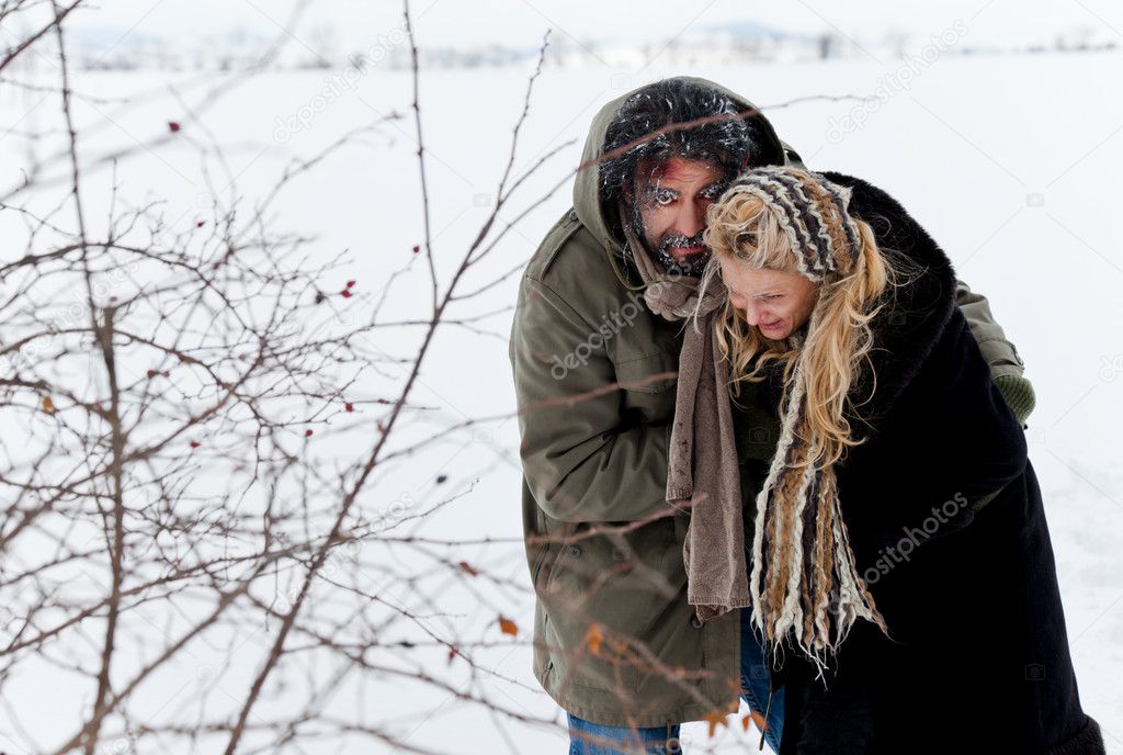 Winter field strugle couple