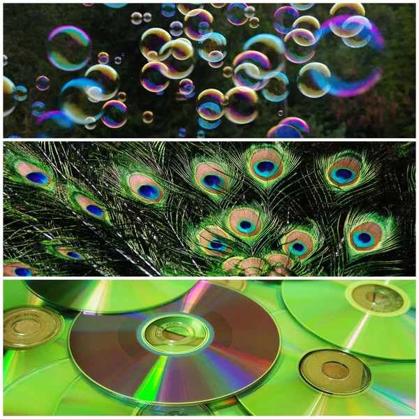Мильні бульбашки, пір'я павича, компакт-диски — стокове фото