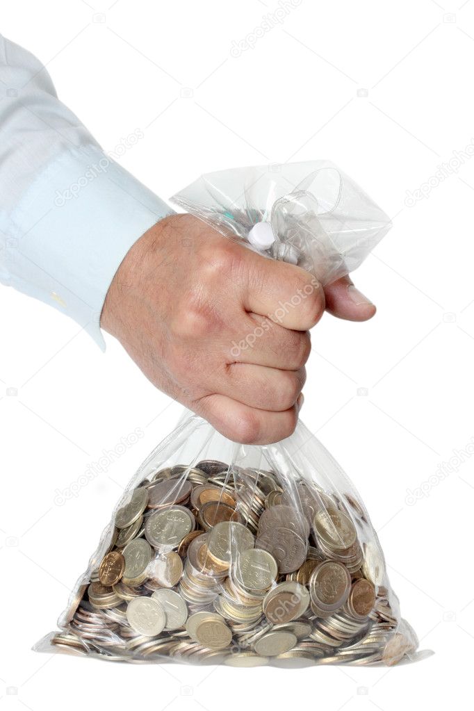 Hand holding a bag of money