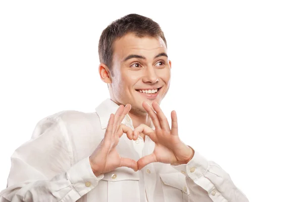 Portrait of happy man making heart from his hands — Stock Photo, Image