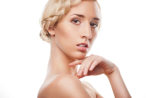 Blond woman with hairstyle with pigtail — Stock Photo, Image