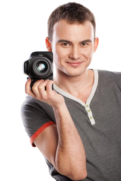 Male photographer with camera isolated on white — Stock Photo, Image