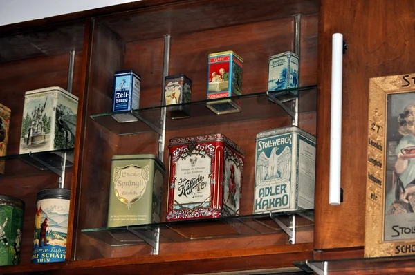 stock image Museum of Chocolate. Cologne.Old boxes for chocolate.