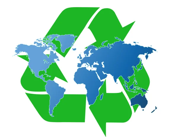 Παγκόσμιο χάρτη και σύμβολο ανακύκλωσης — Φωτογραφία Αρχείου