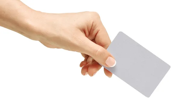 Επαγγελματική κάρτα στο γυναικείο χέρι — Φωτογραφία Αρχείου