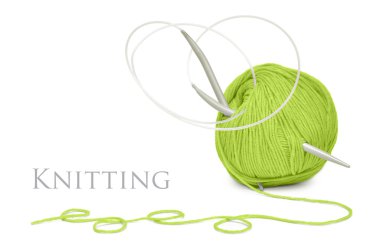 Green wool and knitting needles clipart