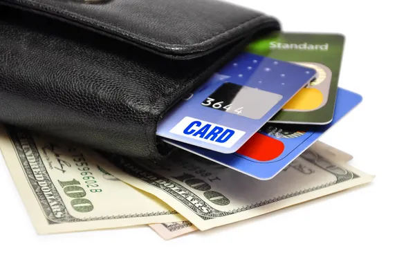 Kredi kartları ve Doları banknot — Stok fotoğraf