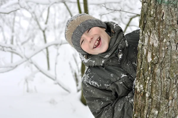 微笑的男孩在冬季森林 — 图库照片