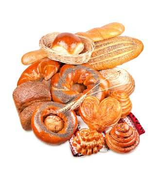 Rolls, muffins, pastries, lots of rolls, baguettes, bagels, buns, puffs clipart