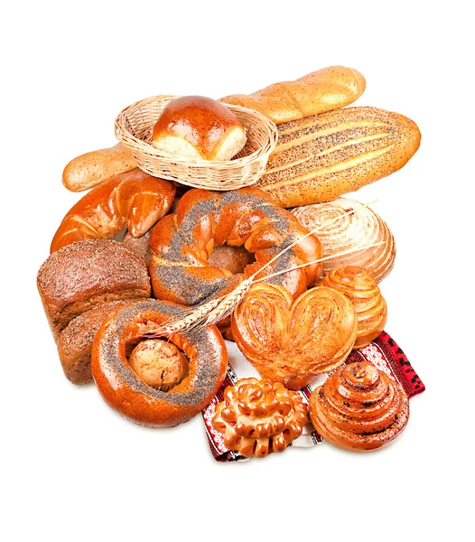 Tekercs, muffin, sütemények, sok-sok tekercsek, bagett, bagels, zsemle, puffasztott — Stock Fotó