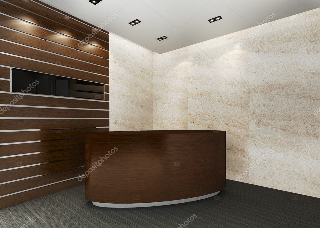 A reception area in an office block. (A blank marble board for placing company logo.)