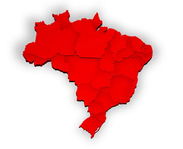 Трехмерная карта Бразилии со штатами в красном — стоковое фото