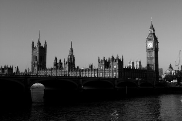 The clock tower at the Houses of Parliament in London in black and white