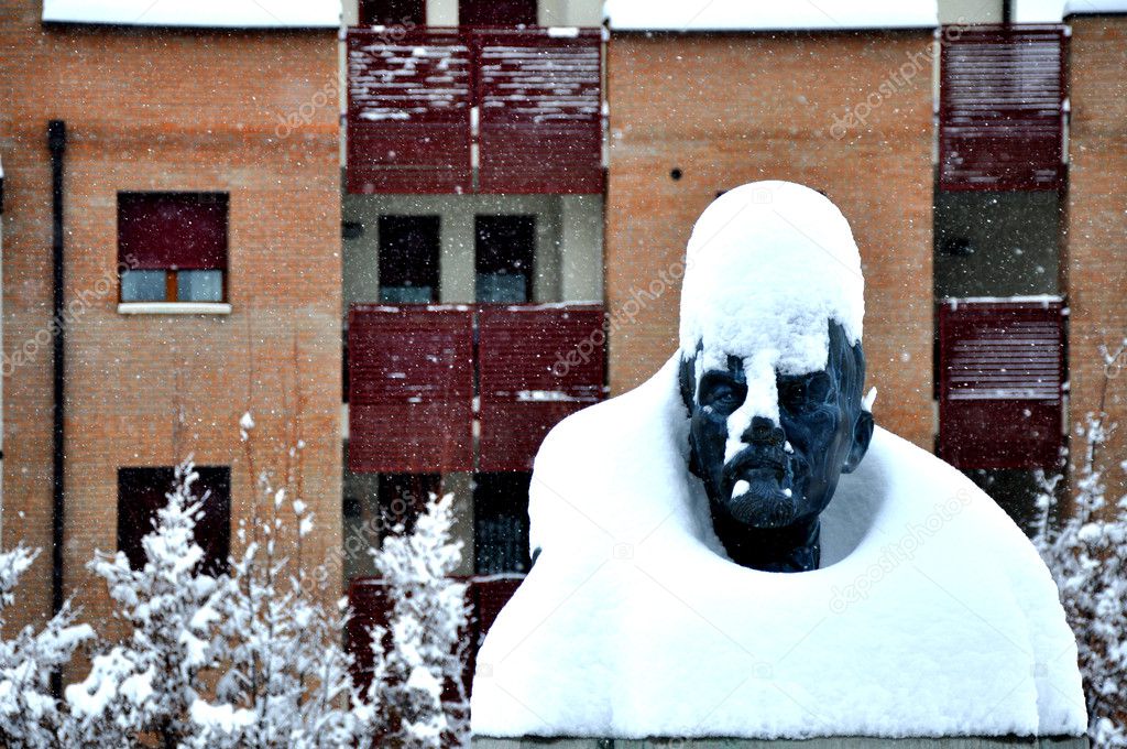 Lenin Statue in Cavriago Italy during a snow storm