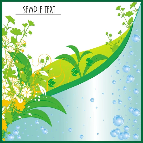 The set of bubbles was generated from water and decorated with green leaves — Stock Vector