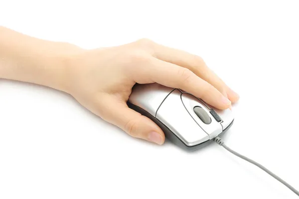 Mujer mano con ratón de ordenador — Foto de Stock