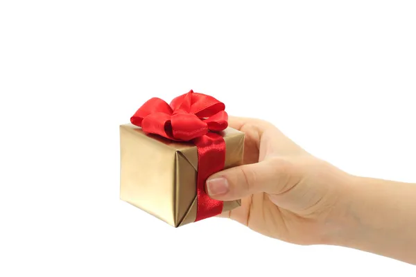 Hand holds present box — Stock Photo, Image