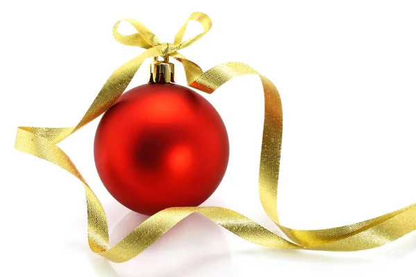 Red Christmas ball with golden ribbon — Stock Photo, Image
