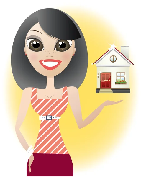 Cartoon pretty young brunette woman presents a house — Stock Vector