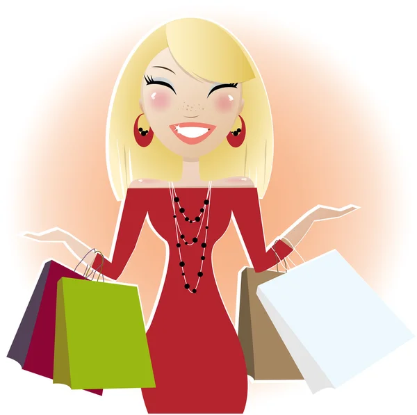 Mujer rubia sexy con bolsas de compras — Vector de stock