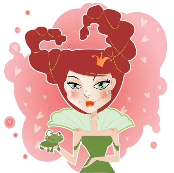 Funny redhead princess with frog — Stock Vector