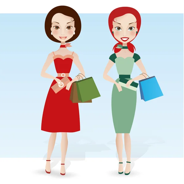 Dos novias guapas con bolsas de compras — Vector de stock