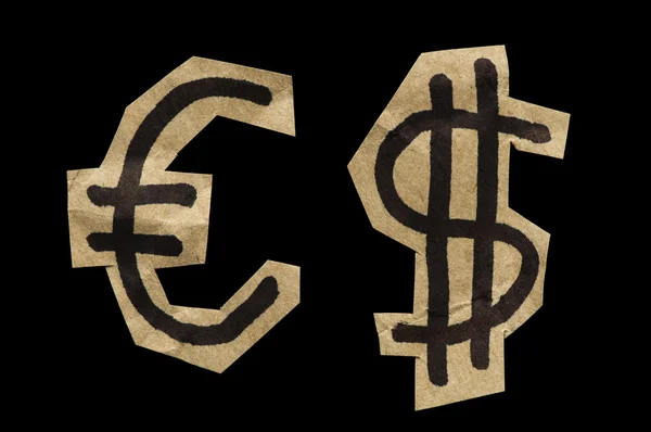 Euro und Dollar Symbole aus dem Papier geschnitten — Stockfoto