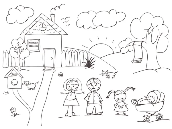 가족과 집 스케치 — 스톡 벡터