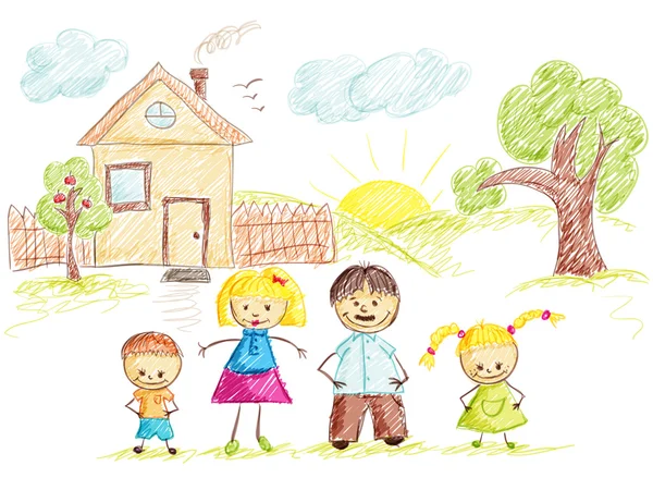 Familie und Haus Skizze Farbe — Stockvektor