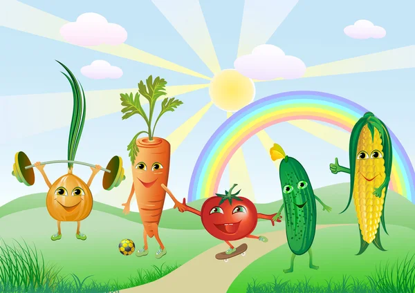 Веселі овочі на сонячній і веселковій спині — стоковий вектор