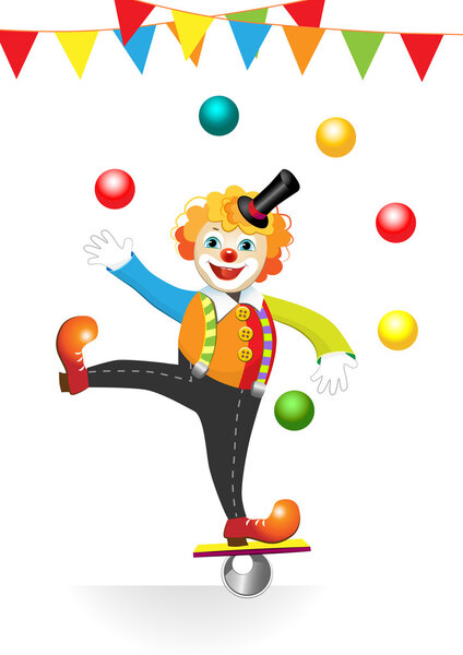 Circus clown with flags and balls