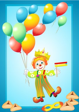 Funny clown with balloons, mask, noise maker and purim cookies clipart